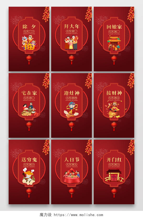 红色2022虎年新年除夕大年初一到初七春节习俗系列图